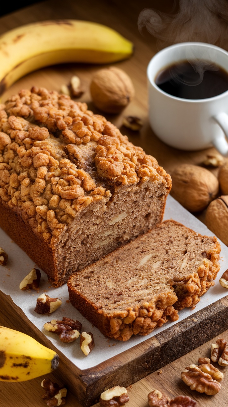 Moist Coffee Cake Banana Bread with a crumb topping on a rustic board with bananas and a cup of coffee.